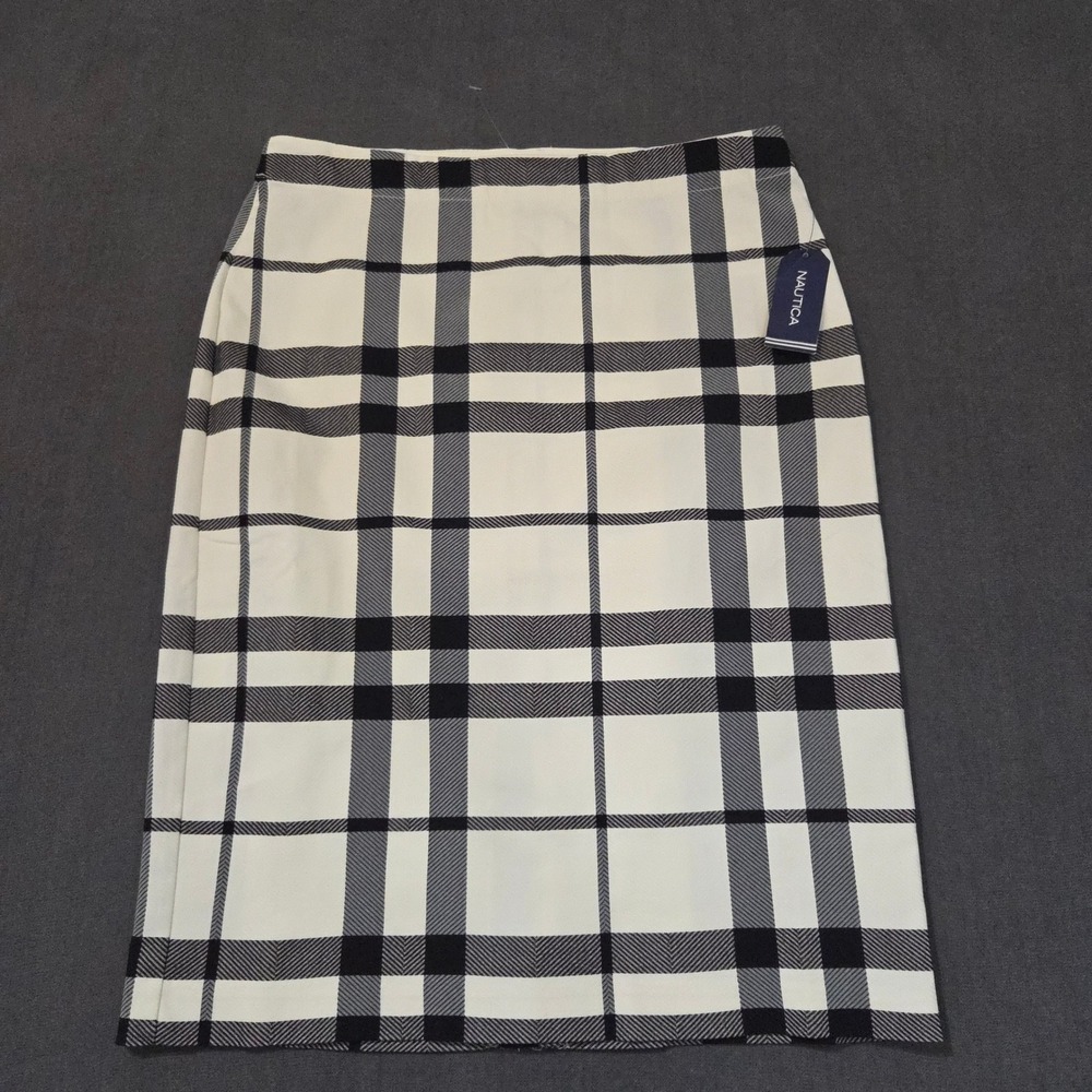 Nautica Pencil‎ Skirt Women Large White Black Plaid Midi Pull On Stretch